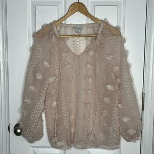 Calypso St. Barth 3D Floral Pom Cream Boho Top